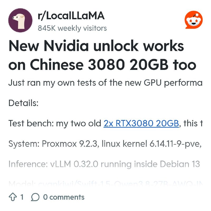 From the LocalLLaMA community on Reddit: New Nvidia unlock works on Chinese 3080 20GB too