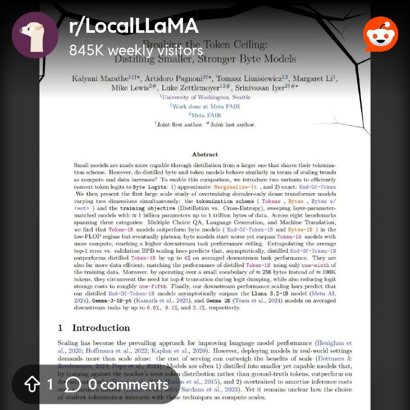 From the LocalLLaMA community on Reddit: Meta trained small AI models to read raw bytes instead of tokens. They start out worse…
