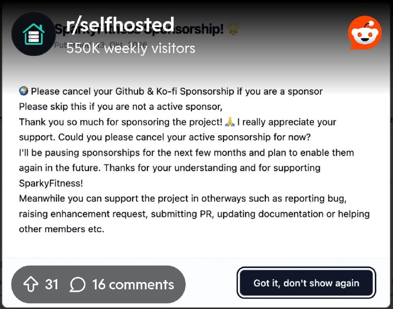 From the selfhosted community on Reddit: What is happening over at SparkyFitness? Dev wants us to stop paying him 😅