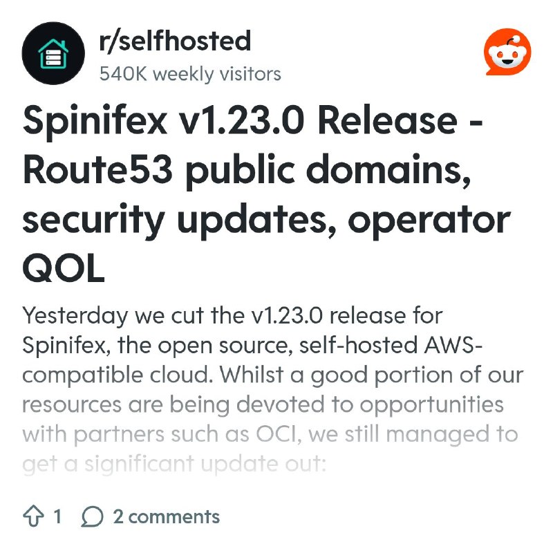From the selfhosted community on Reddit: Spinifex v1.23.0 Release - Route53 public domains, security updates, operator QOL
