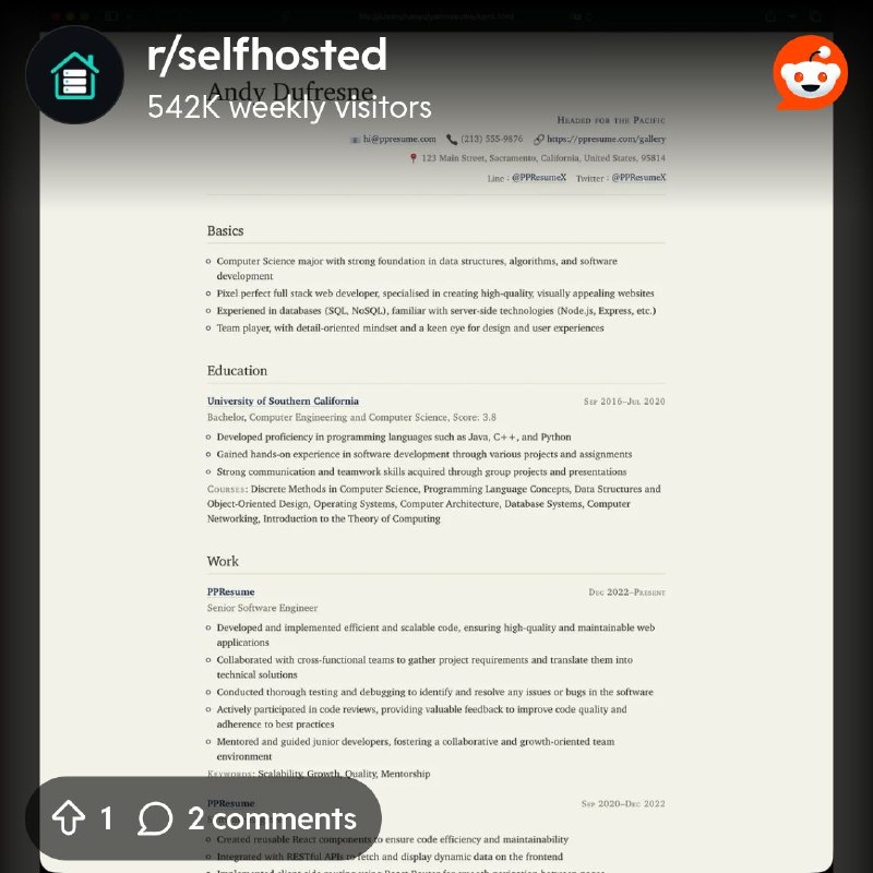 From the selfhosted community on Reddit: YAMLResume v0.17 update: new kami HTML template, with accent color support for all engines…