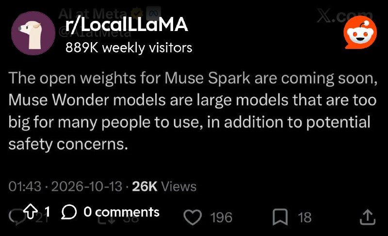 From the LocalLLaMA community on Reddit: Meta: Muse Wonder will not be open-sourced due to safety concerns, Muse Spark weights…