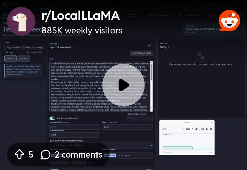 From the LocalLLaMA community on Reddit: [audio.cpp] Recent updates you might have missed: Higgs Audio TTS use 48% less VRAM (<…