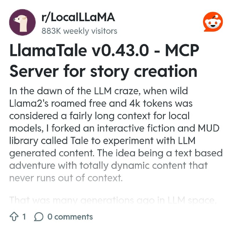 From the LocalLLaMA community on Reddit: LlamaTale v0.43.0 - MCP Server for story creation