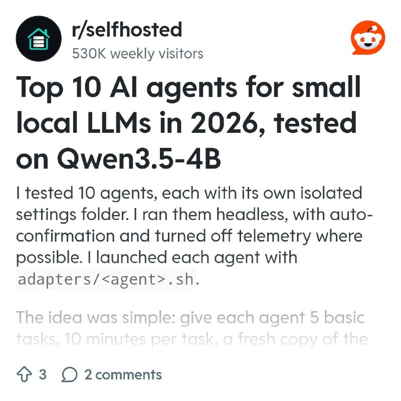 From the selfhosted community on Reddit: Top 10 AI agents for small local LLMs in 2026, tested on Qwen3.5-4B