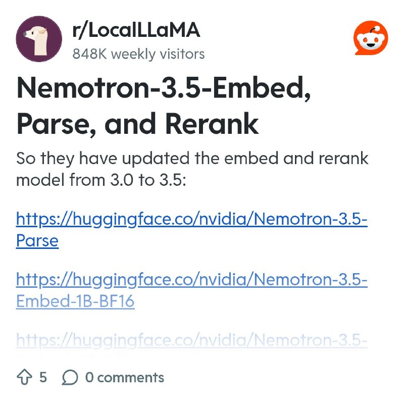 From the LocalLLaMA community on Reddit: Nemotron-3.5-Embed, Parse, and Rerank