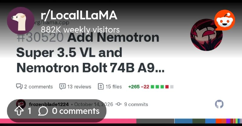 From the LocalLLaMA community on Reddit: Add Nemotron Super 3.5 VL and Nemotron Bolt 74B A9B support by frozenblade1224 · Pull…