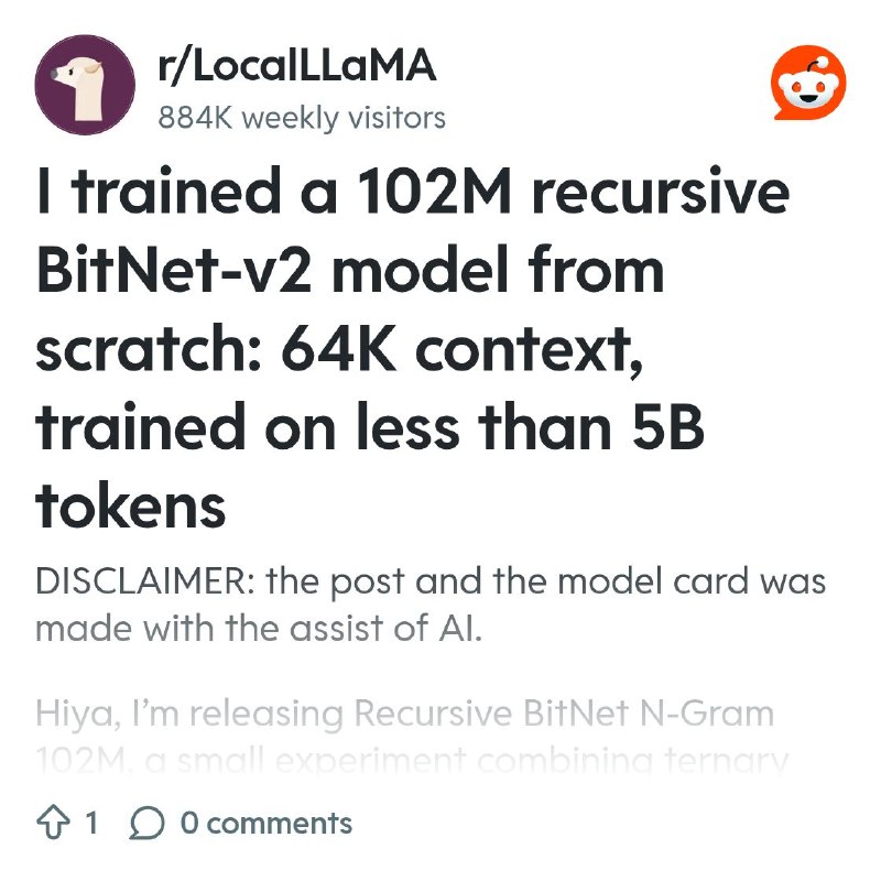 From the LocalLLaMA community on Reddit: I trained a 102M recursive BitNet-v2 model from scratch: 64K context, trained on less…