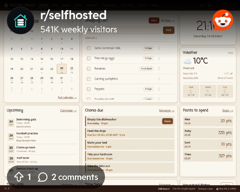 From the selfhosted community on Reddit: Kitchen Board, a self-hosted wall planner for the family kitchen, now at v1.5