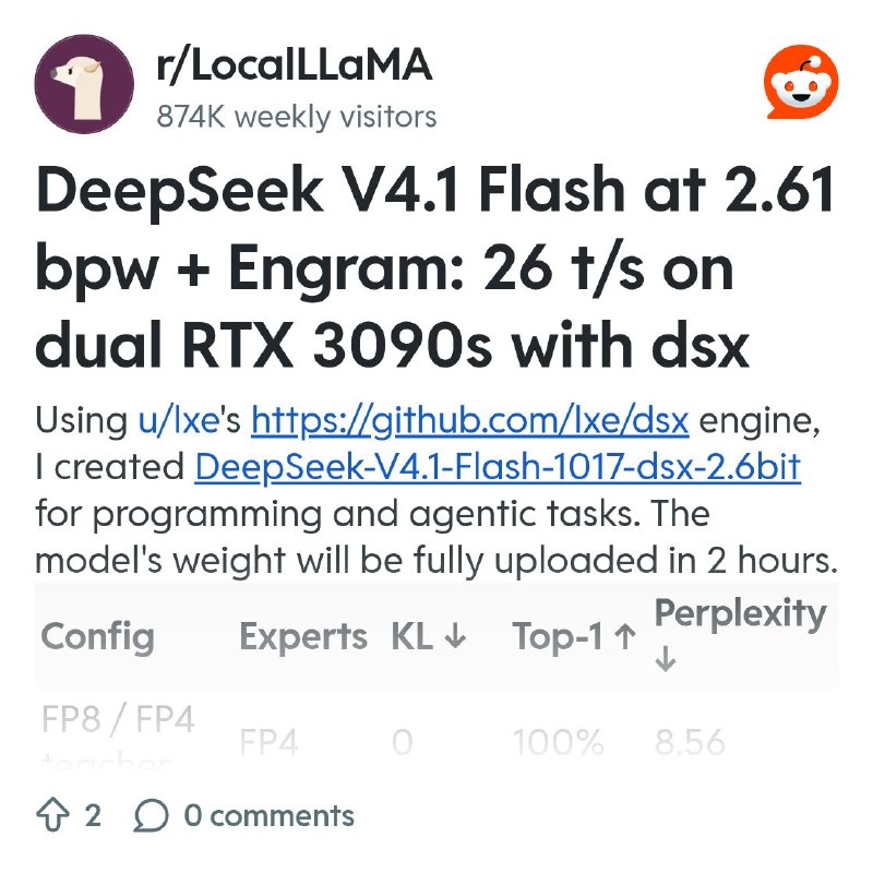 From the LocalLLaMA community on Reddit: DeepSeek V4.1 Flash at 2.61 bpw + Engram: 26 t/s on dual RTX 3090s with dsx