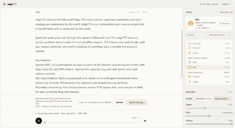 [Open Source] edgeTTS: Self-hosted Edge TTS server with OpenAI & native streaming APIs