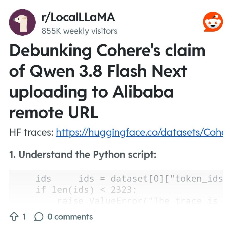 From the LocalLLaMA community on Reddit: Debunking Cohere's claim of Qwen 3.8 Flash Next uploading to Alibaba remote URL