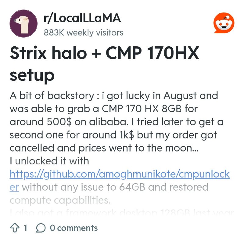 From the LocalLLaMA community on Reddit: Strix halo + CMP 170HX setup