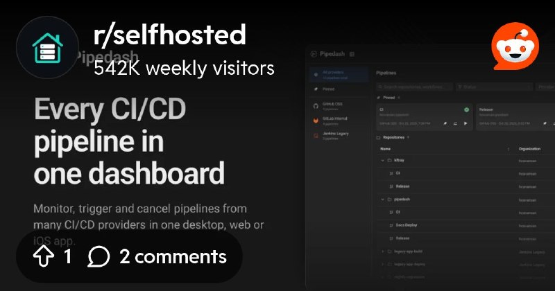 From the selfhosted community on Reddit: Pipedash - one dashboard for multiple CI/CD providers