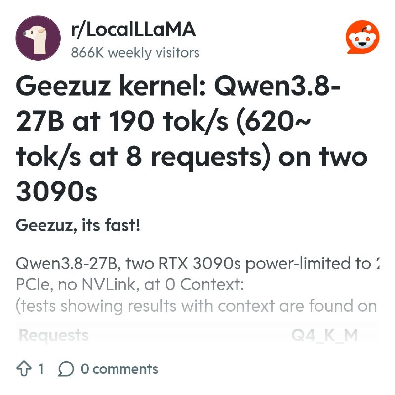 From the LocalLLaMA community on Reddit: Geezuz kernel: Qwen3.8-27B at 190 tok/s (620~ tok/s at 8 requests) on two 3090s