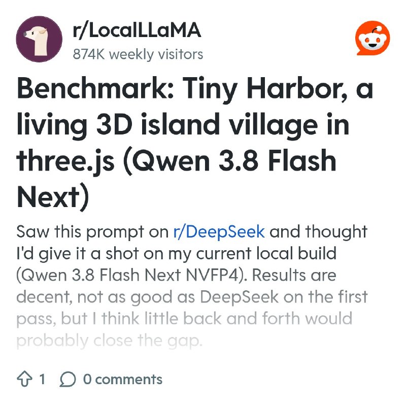From the LocalLLaMA community on Reddit: Benchmark: Tiny Harbor, a living 3D island village in three.js (Qwen 3.8 Flash Next)