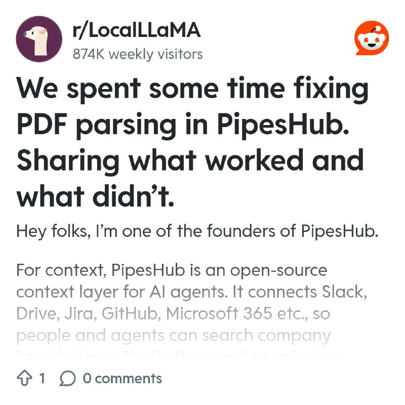 From the LocalLLaMA community on Reddit: We spent some time fixing PDF parsing in PipesHub. Sharing what worked and what didn’t.