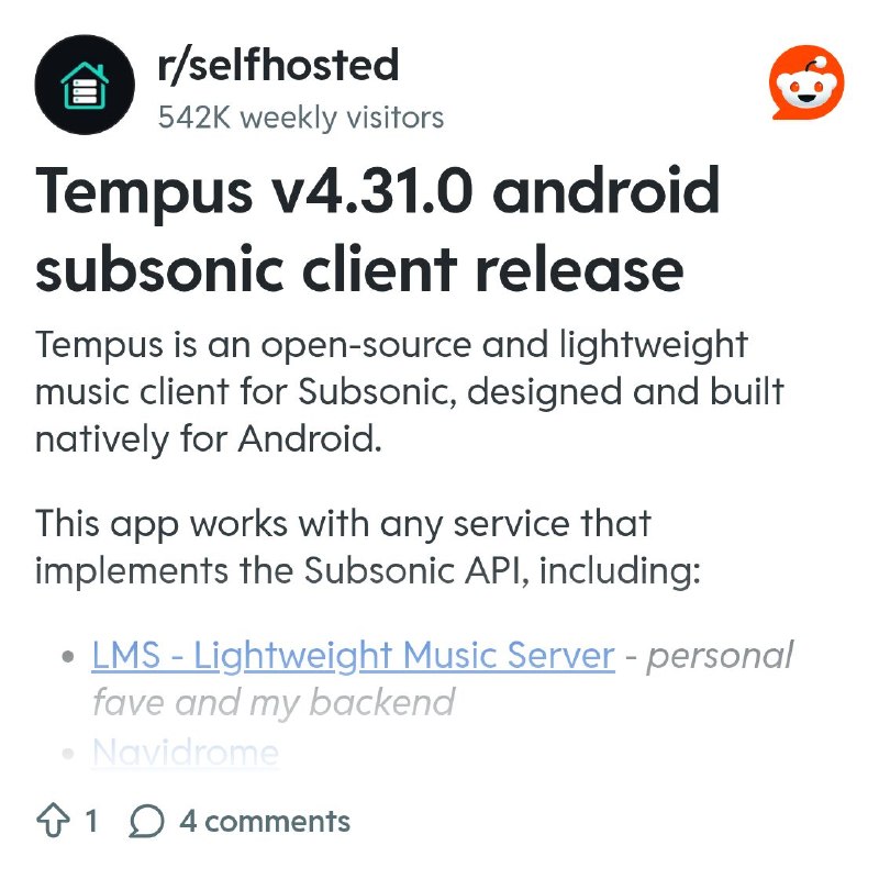 From the selfhosted community on Reddit: Tempus v4.31.0 android subsonic client release