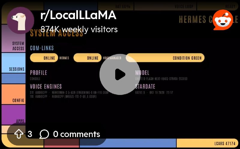 From the LocalLLaMA community on Reddit: HermesConsole: A demo showing off VoiceManager, my low latency streaming STT / TTS server.…