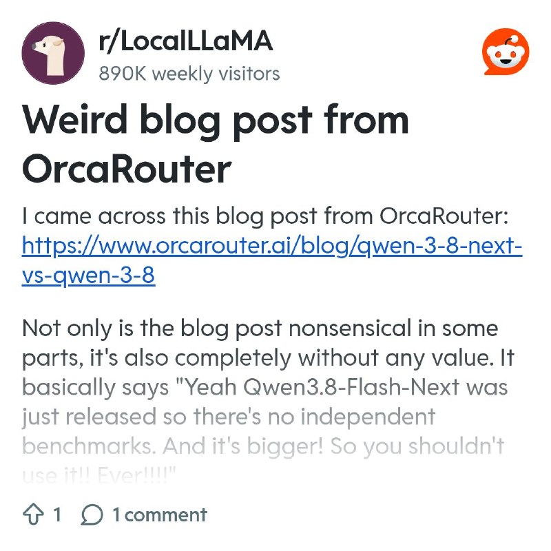 From the LocalLLaMA community on Reddit: Weird blog post from OrcaRouter