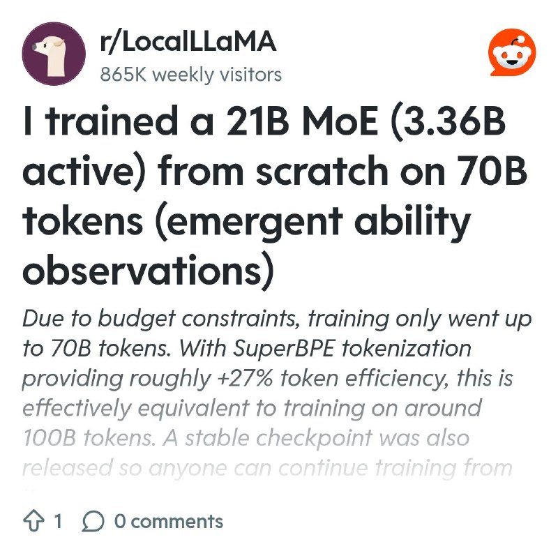 From the LocalLLaMA community on Reddit: I trained a 21B MoE (3.36B active) from scratch on 70B tokens (emergent ability observations)