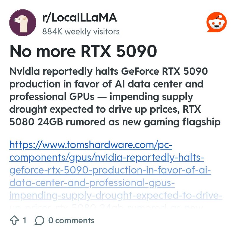 From the LocalLLaMA community on Reddit: No more RTX 5090