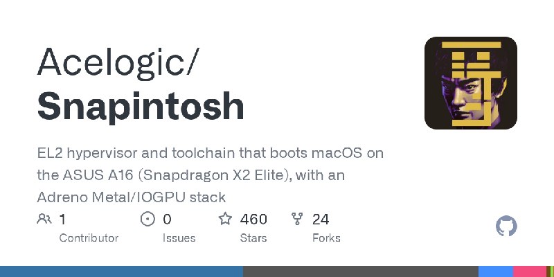 GitHub - Acelogic/Snapintosh: EL2 hypervisor and toolchain that boots macOS on the ASUS A16 (Snapdragon X2 Elite), with an Adreno…