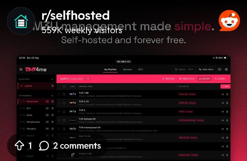 From the selfhosted community on Reddit: m3u4me reached v2.4.3, and it has some great improvements