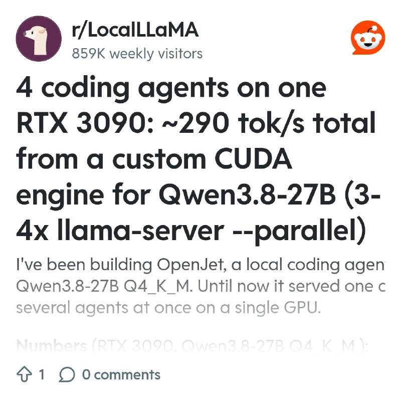 From the LocalLLaMA community on Reddit: 4 coding agents on one RTX 3090: ~290 tok/s total from a custom CUDA engine for Qwen3.8…