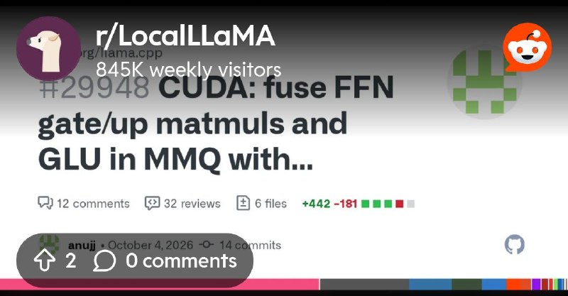 From the LocalLLaMA community on Reddit: CUDA: fuse FFN gate/up matmuls and GLU in MMQ with interleaved gate/up rows by anujj ·…