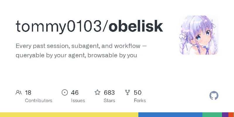 GitHub - tommy0103/obelisk: Every past session, subagent, and workflow -- queryable by your agent, browsable by you