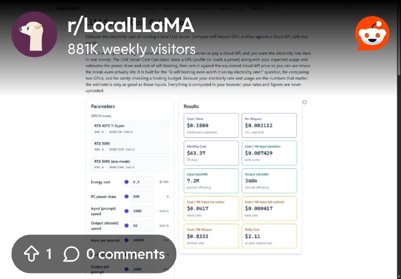 From the LocalLLaMA community on Reddit: Where does your local vs cloud cost line sit? (3 presets, 3 API rates, the cached-token…