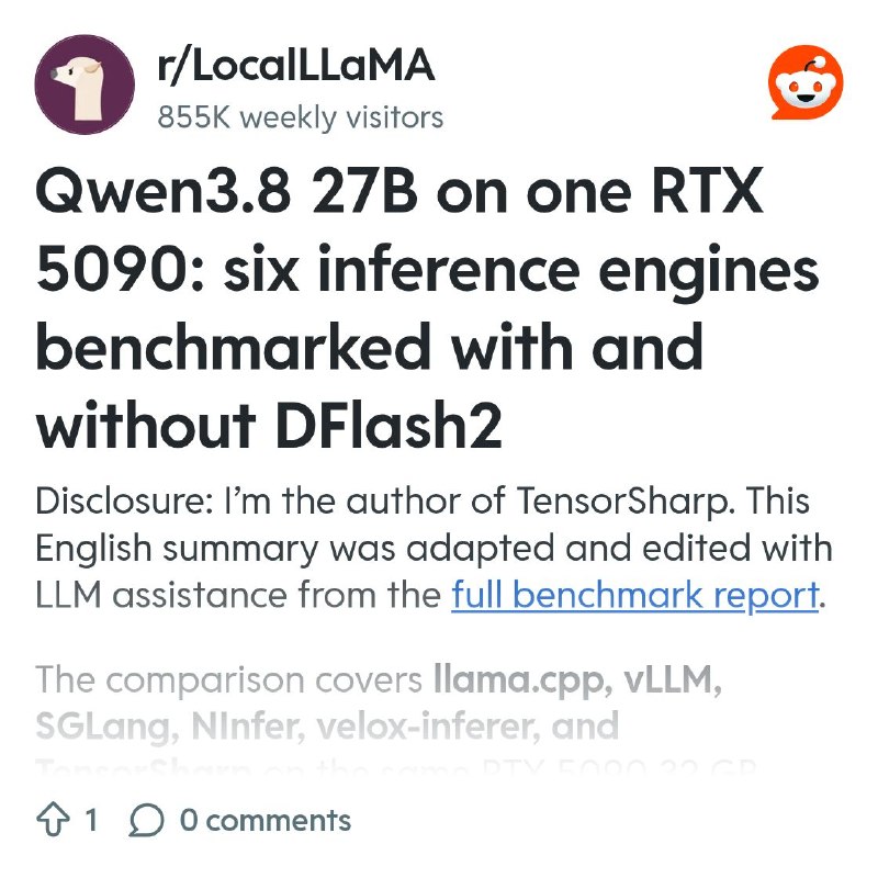From the LocalLLaMA community on Reddit: Qwen3.8 27B on one RTX 5090: six inference engines benchmarked with and without DFlash2