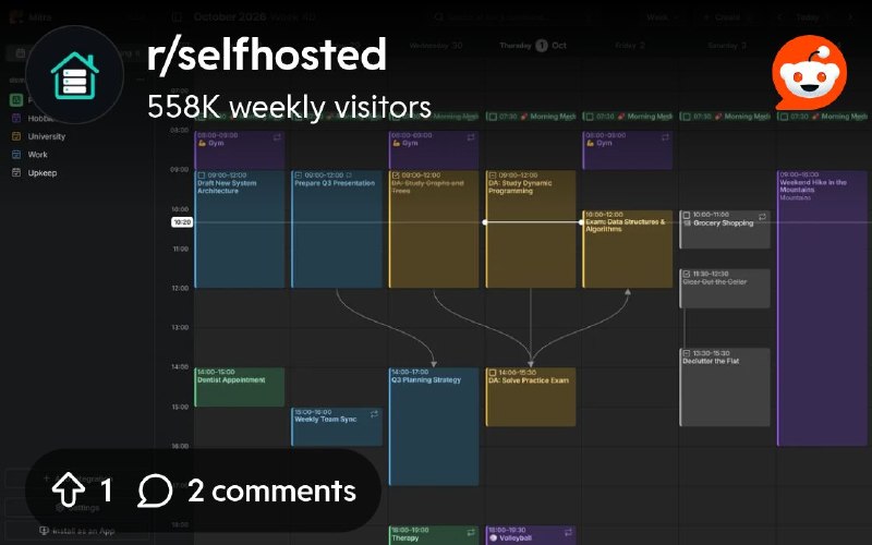 From the selfhosted community on Reddit: Mitra: Self-hosted calendar to plan your events and tasks