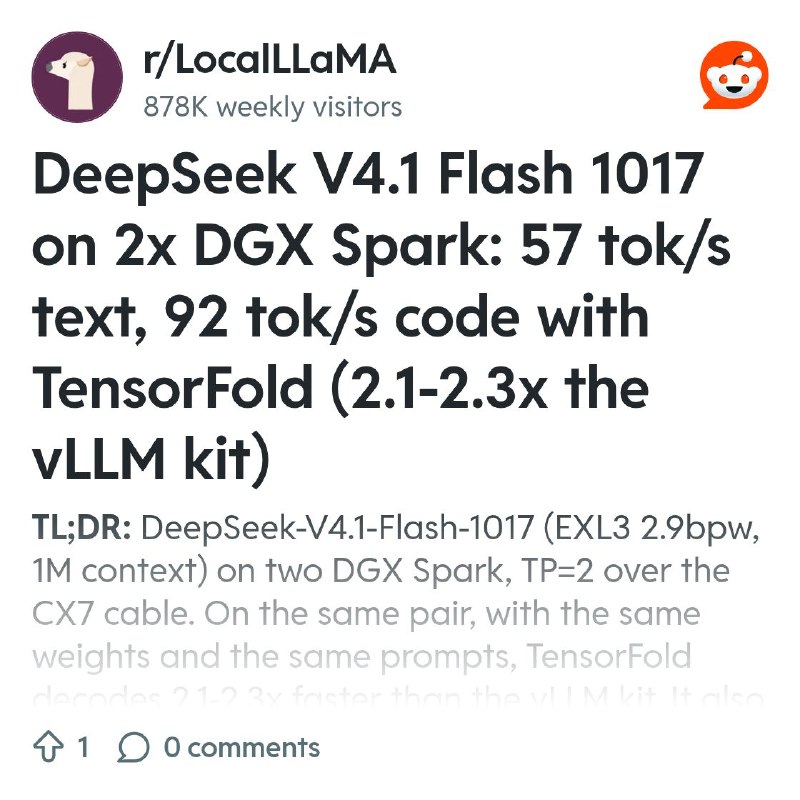 From the LocalLLaMA community on Reddit: DeepSeek V4.1 Flash 1017 on 2x DGX Spark: 57 tok/s text, 92 tok/s code with TensorFold…