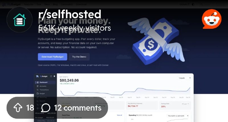 From the selfhosted community on Reddit: FlyBudget: a free, open-source, self-hosted budgeting app (inspired by Monarch/YNAB).…