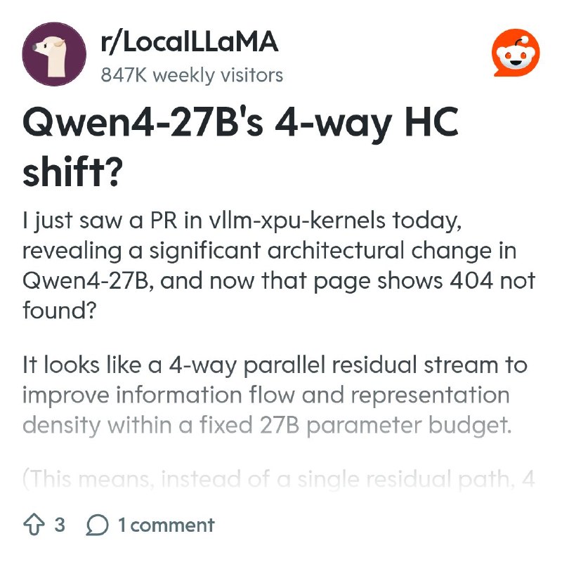 From the LocalLLaMA community on Reddit: Qwen4-27B's 4-way HC shift?