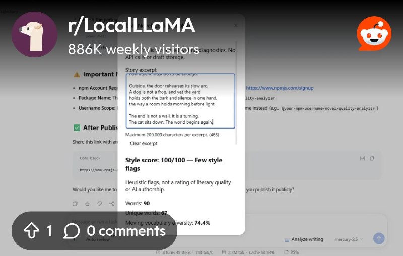 From the LocalLLaMA community on Reddit: I built a novel writing analyzer plugin for DeepSeek Harness