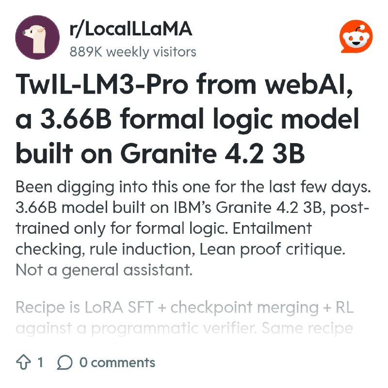 From the LocalLLaMA community on Reddit: TwIL-LM3-Pro from webAI, a 3.66B formal logic model built on Granite 4.2 3B