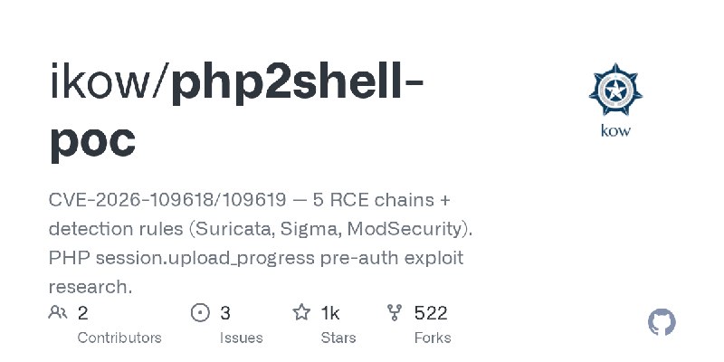 GitHub - ikow/php2shell-poc: CVE-2026-109618/109619 — 5 RCE chains + detection rules (Suricata, Sigma, ModSecurity). PHP sessi…