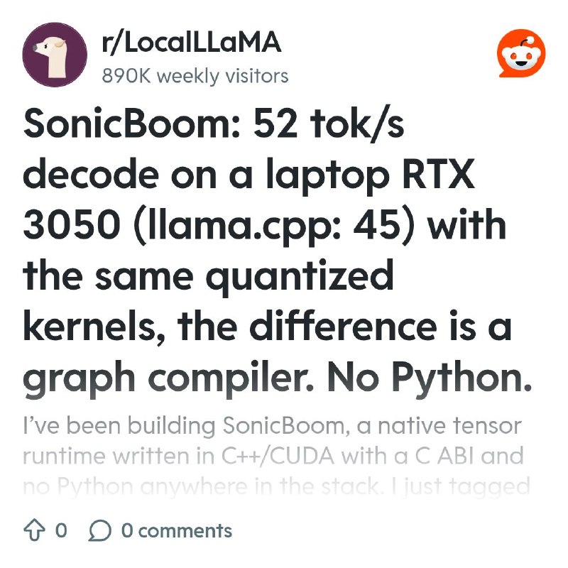 From the LocalLLaMA community on Reddit: SonicBoom: 52 tok/s decode on a laptop RTX 3050 (llama.cpp: 45) with the same quantized…
