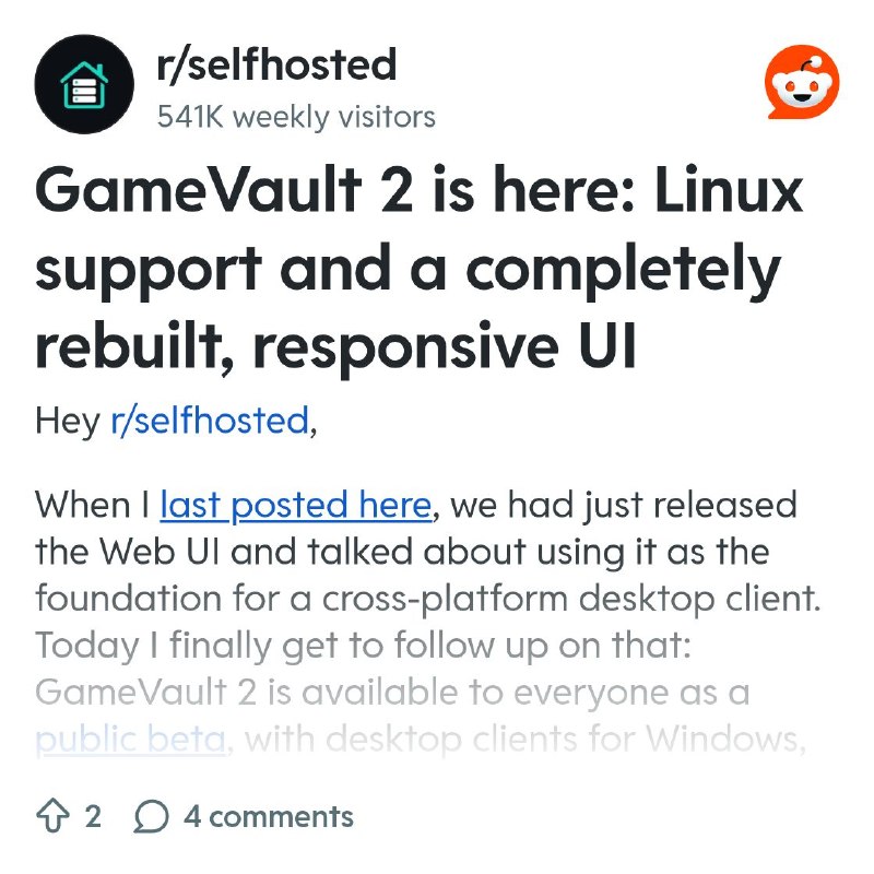 From the selfhosted community on Reddit: GameVault 2 is here: Linux support and a completely rebuilt, responsive UI