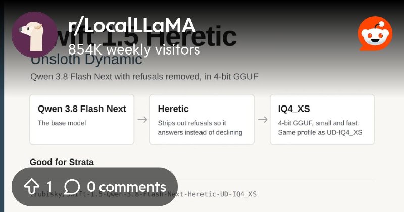 From the LocalLLaMA community on Reddit: Made a quant: Swift 1.5 Qwen 3.8 Flash Next - Heretic - Unsloth Dynamic IQ4_XS