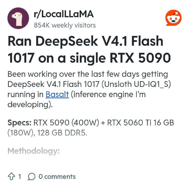From the LocalLLaMA community on Reddit: Ran DeepSeek V4.1 Flash 1017 on a single RTX 5090