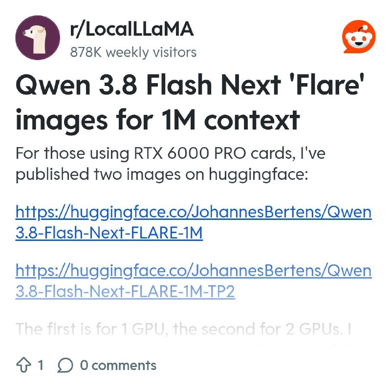 From the LocalLLaMA community on Reddit: Qwen 3.8 Flash Next 'Flare' images for 1M context