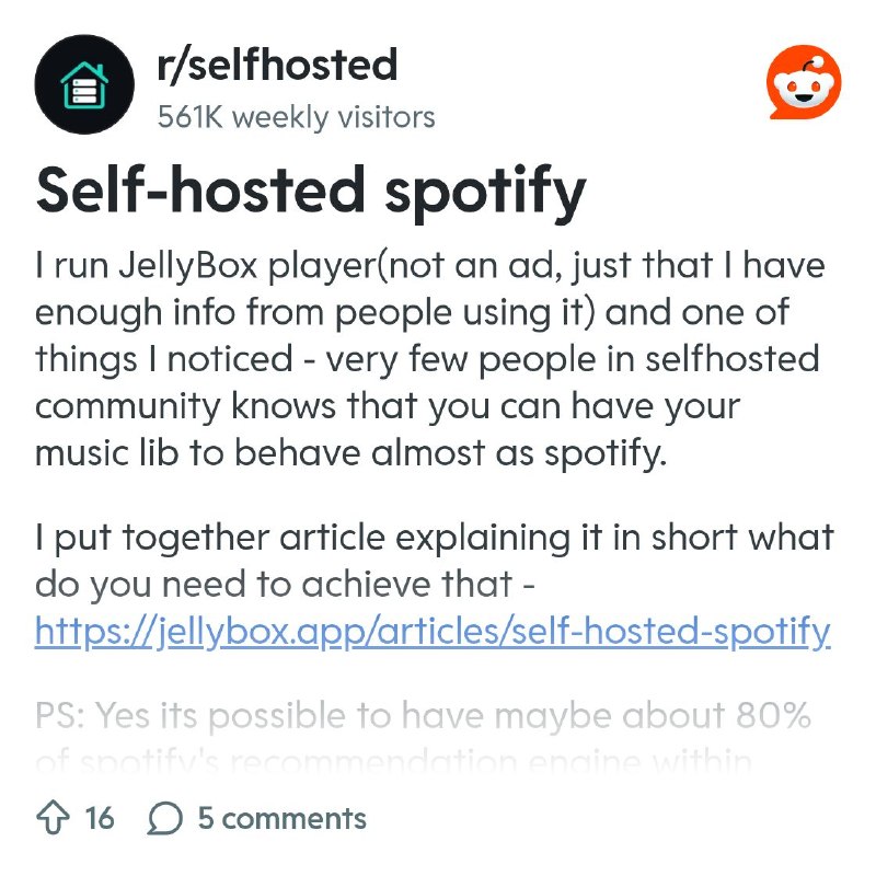 From the selfhosted community on Reddit: Self-hosted spotify