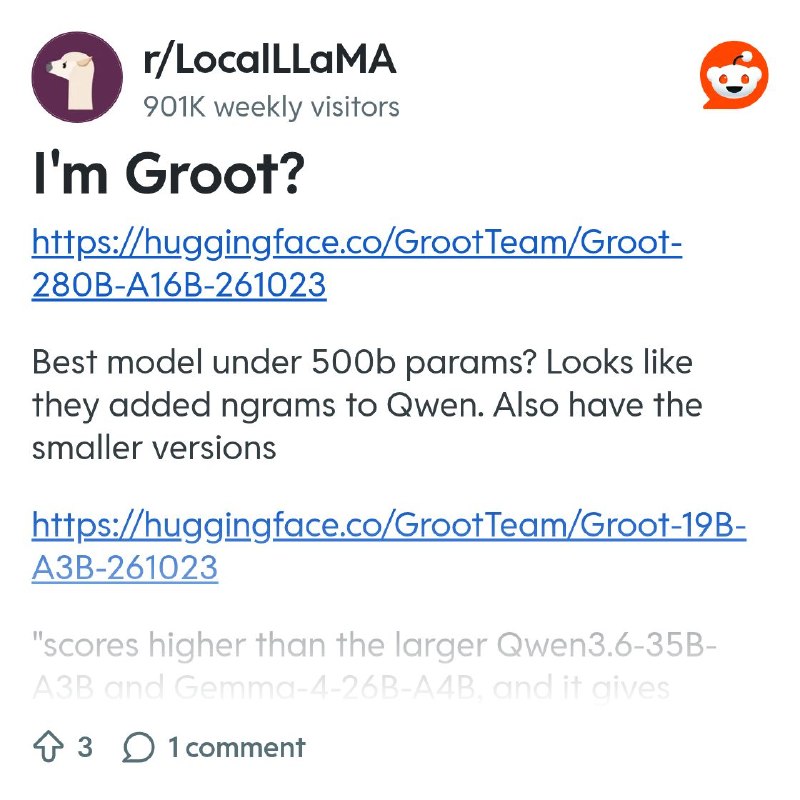 From the LocalLLaMA community on Reddit: I'm Groot?