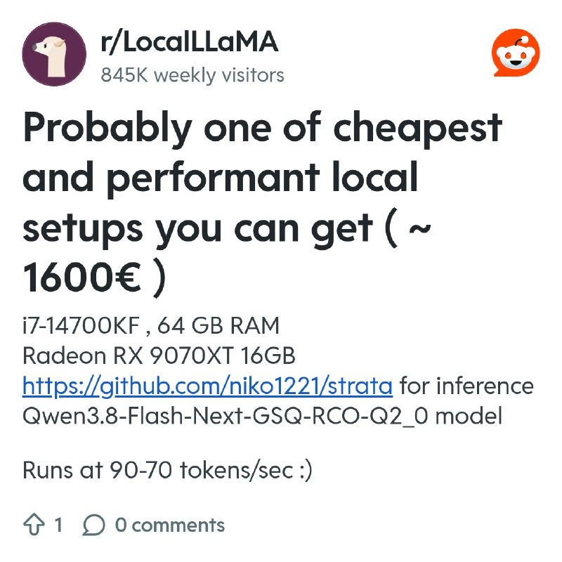 From the LocalLLaMA community on Reddit: Probably one of cheapest and performant local setups you can get ( ~ 1600€ )