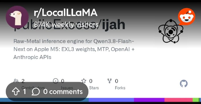 From the LocalLLaMA community on Reddit: ijah --- M5+ Mac Engine for Qwen 3.8 Flash  Next / Swift 1.5 Flash Next. Optimal Quality…
