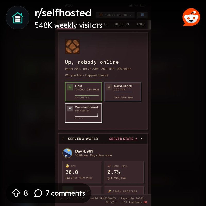 From the selfhosted community on Reddit: Custom dashboard for interacting with my Minecraft server remotely